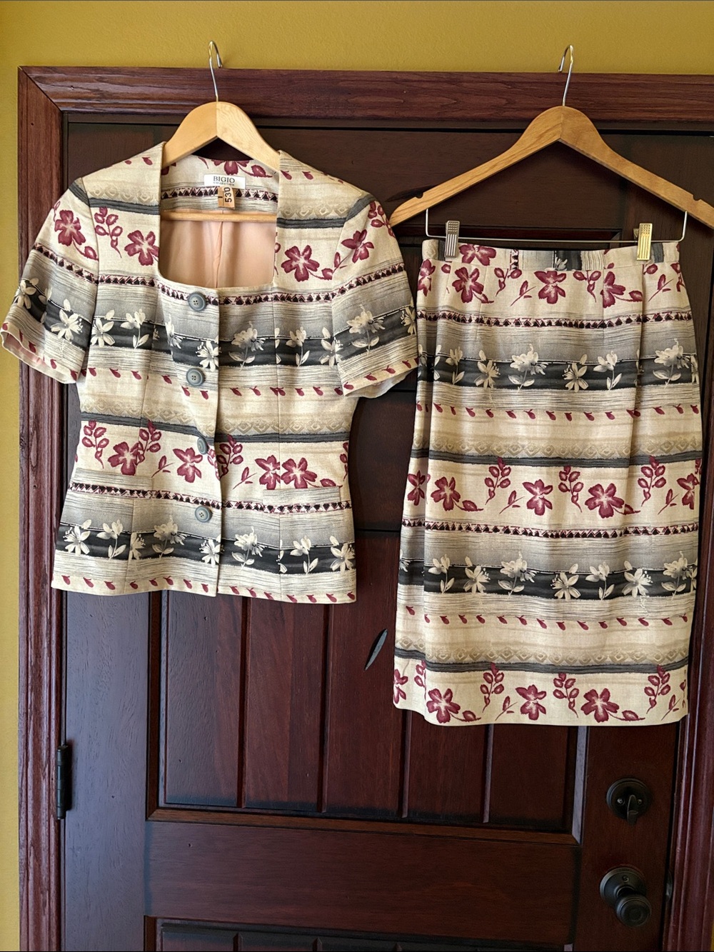 Vintage-Inspired Floral Stripe Skirt in Cream and Burgundy & Navy - Two-Piece Se